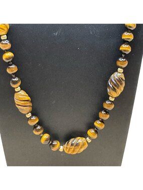Vintage Carved Tigers Eye Beaded Necklace Hand Knotted Brown & Gold Vintage